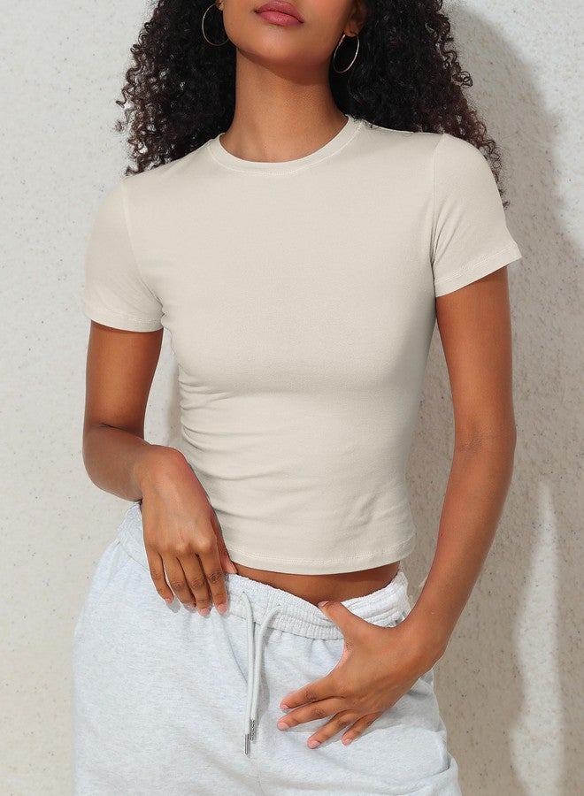 PrettyGuide Women's Casual Summer Basic Tops Crew Neck Short Sleeve Fitted T Shirt Trendy Baby Tee Bone M - Image 4